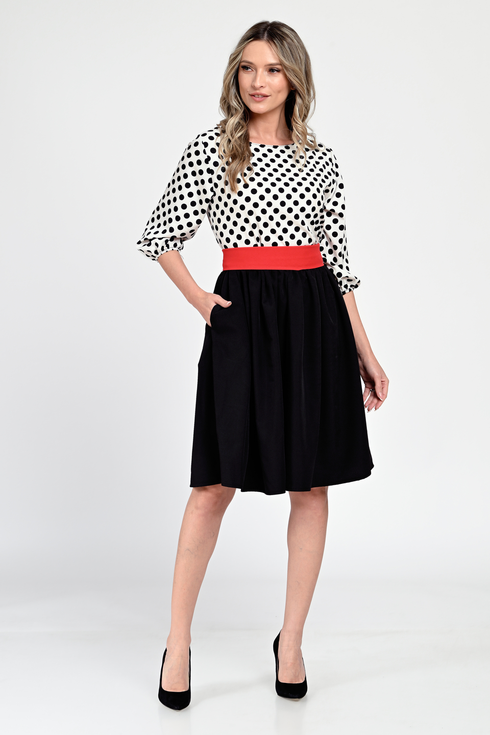 Rochie Medie Dama, Casual, cu Buline alb/negru 309